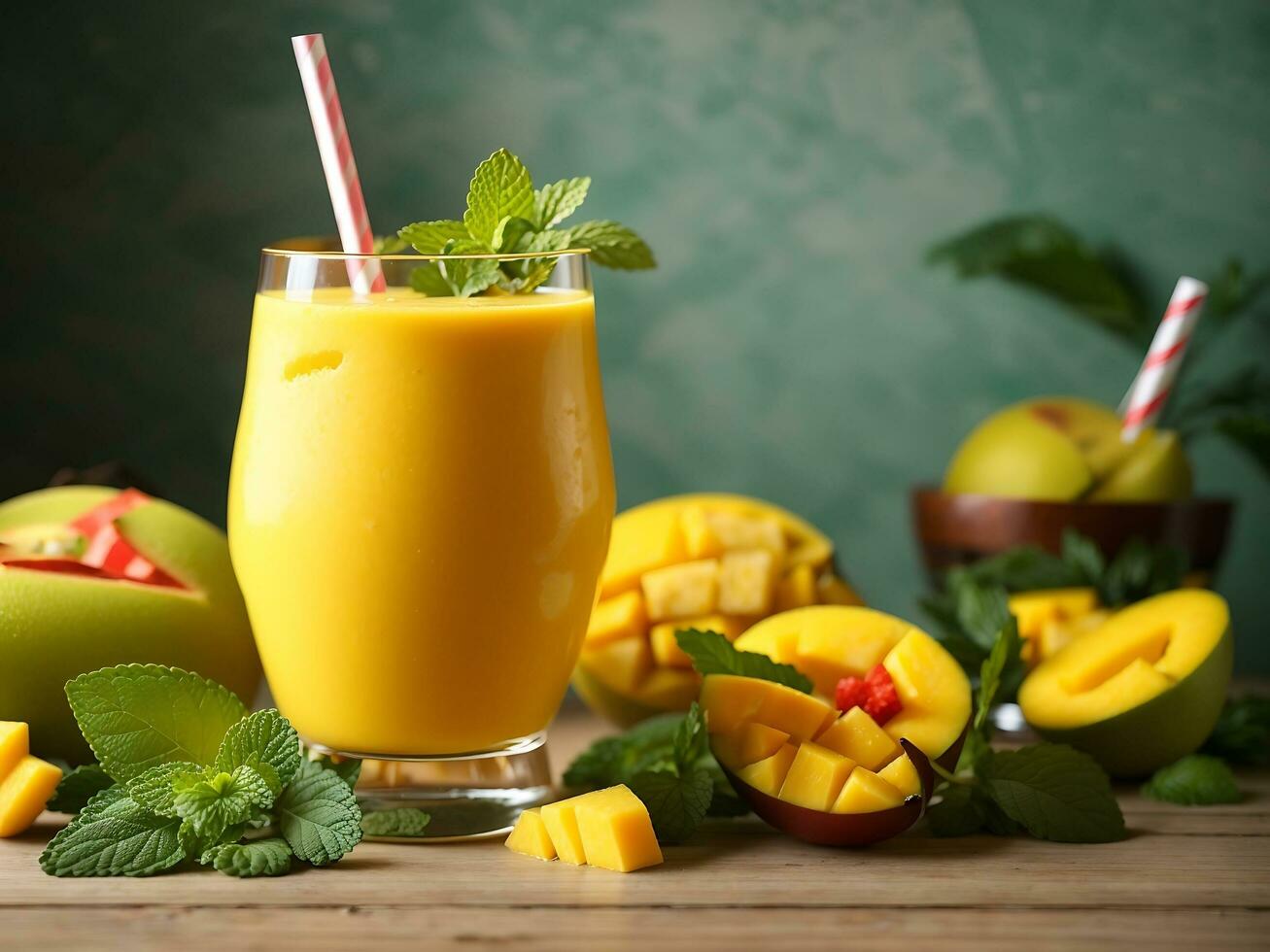 fresco giallo Mango frullato nel un' bicchiere con cannuccia fresco frutta e menta estate tropicale bevanda generativo ai foto