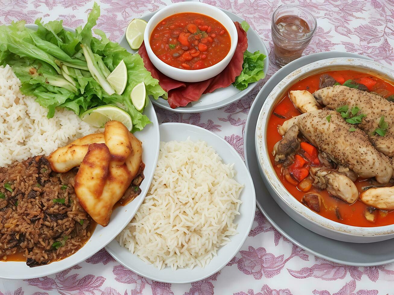 gratuito foto cena impostato con dolma zuppe, insalate e pollo con riso e francese patatine fritte generativo ai