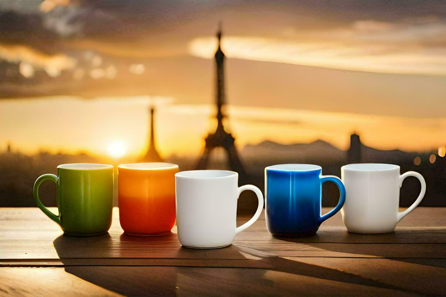 quattro caffè tazze su un' tavolo con il eiffel Torre nel il sfondo. ai-generato foto