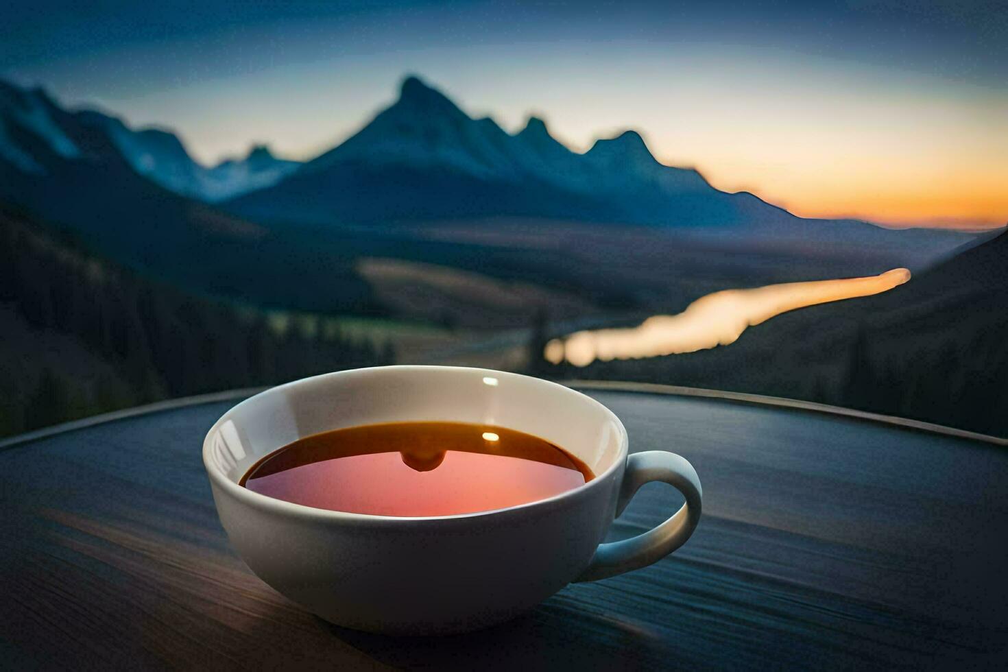 un' tazza di tè su un' tavolo nel davanti di un' montagna Visualizza. ai-generato foto