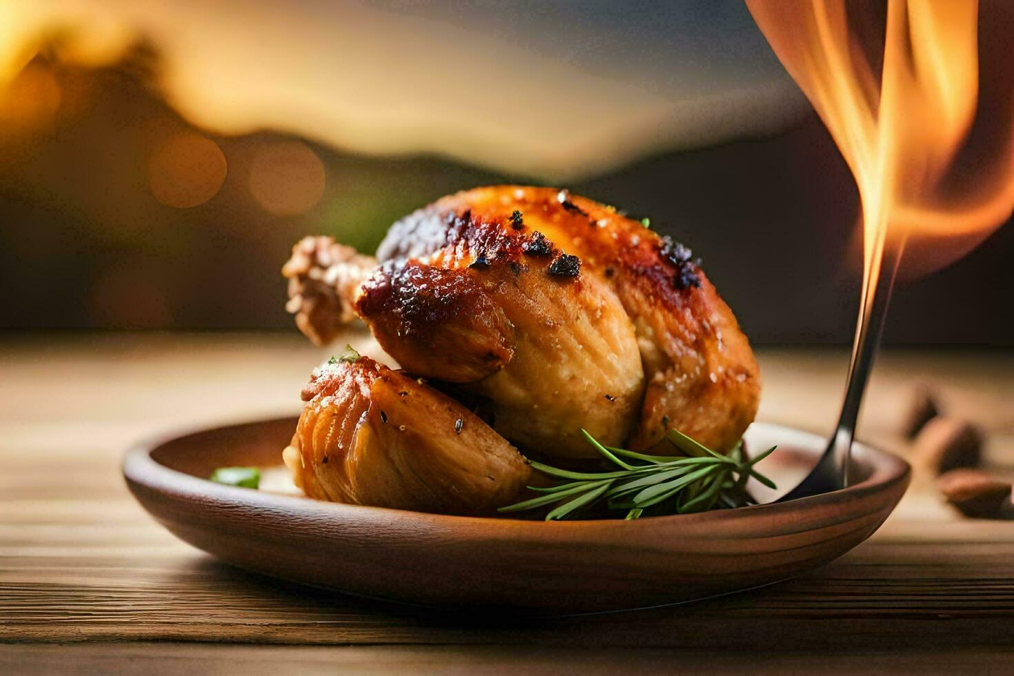 un' pollo è su un' di legno piatto con un' fiamma. ai-generato foto