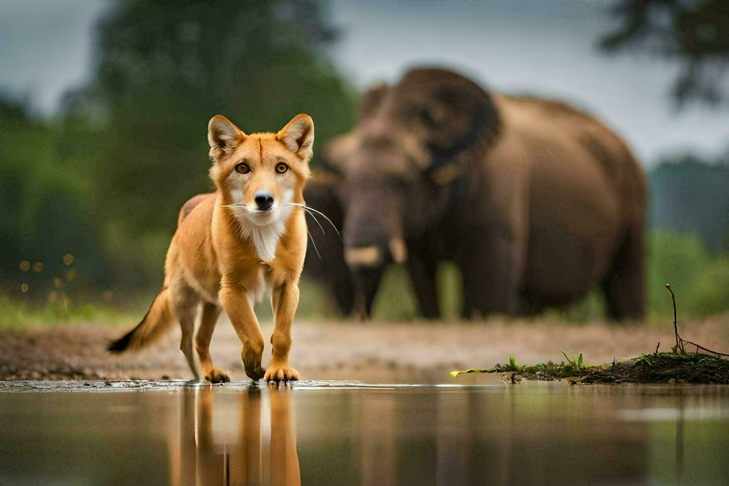 un' cane a piedi nel davanti di un elefante. ai-generato foto