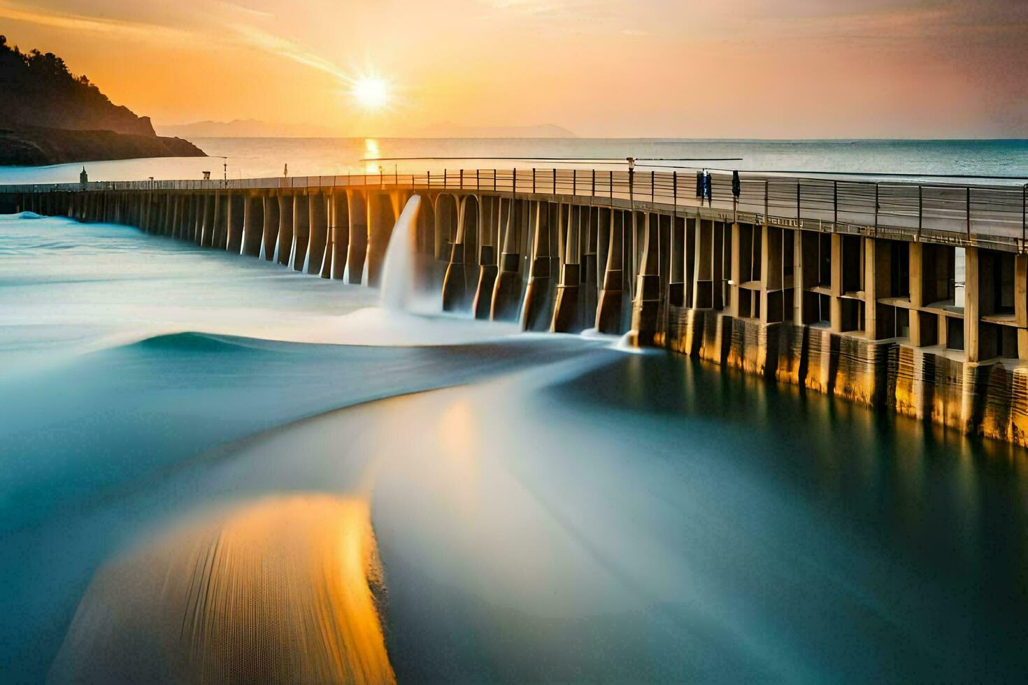 il sole imposta al di sopra di il oceano e onde schianto in il molo. ai-generato foto