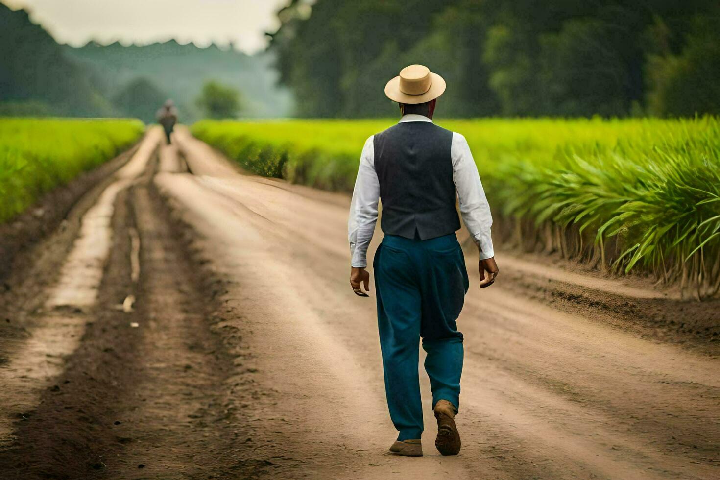 un' uomo a piedi giù un' sporco strada nel davanti di un' zucchero canna campo. ai-generato foto