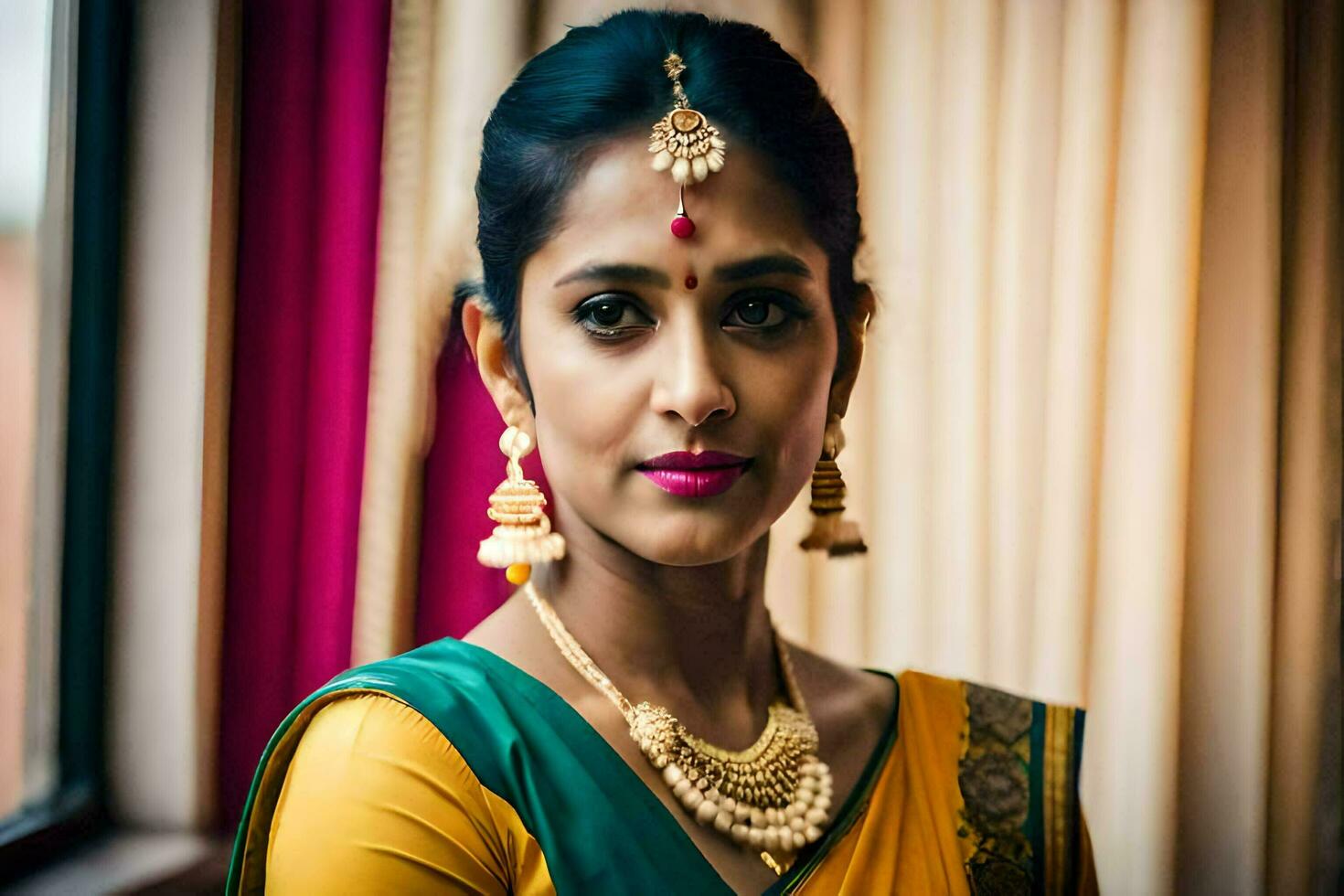 bellissimo indiano sposa nel giallo sari e oro gioielleria. ai-generato foto