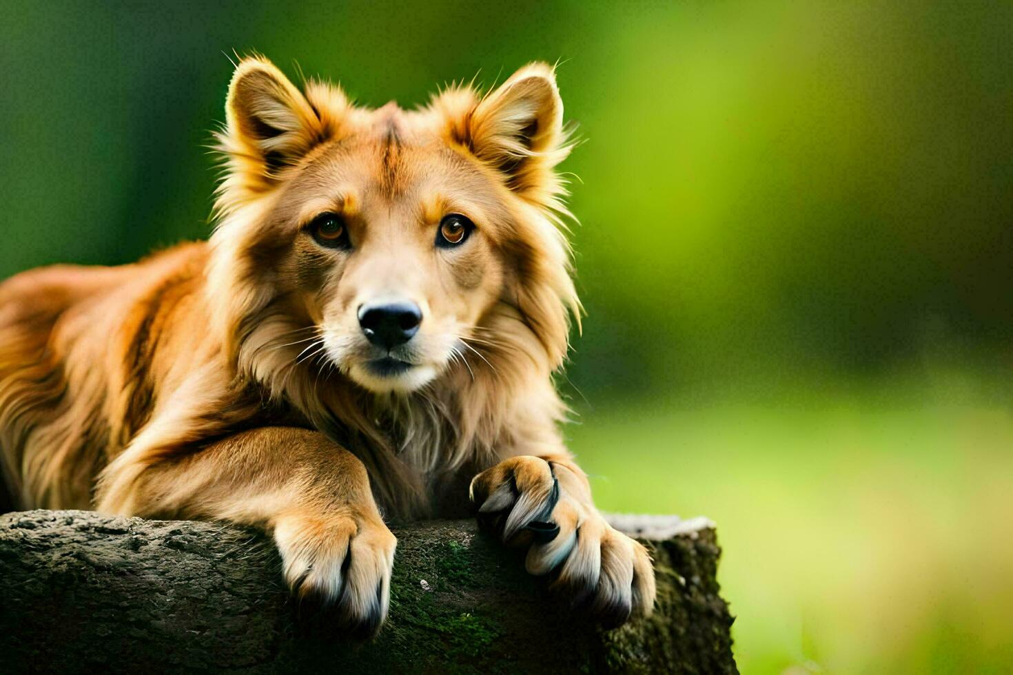 un' Marrone cane posa su superiore di un' tronco d'albero. ai-generato foto