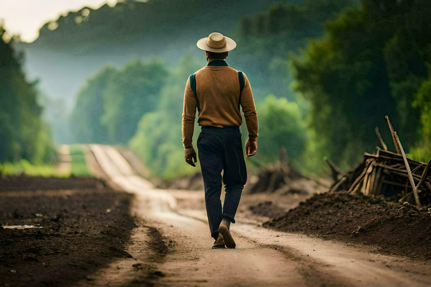 un' uomo nel un' cappello passeggiate giù un' sporco strada. ai-generato foto