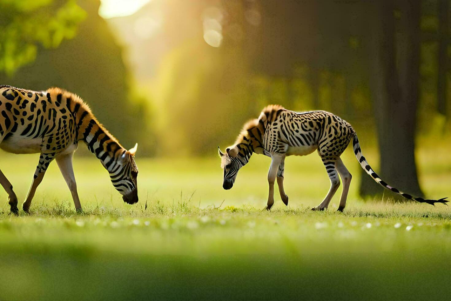 Due zebre pascolo nel il erba. ai-generato foto