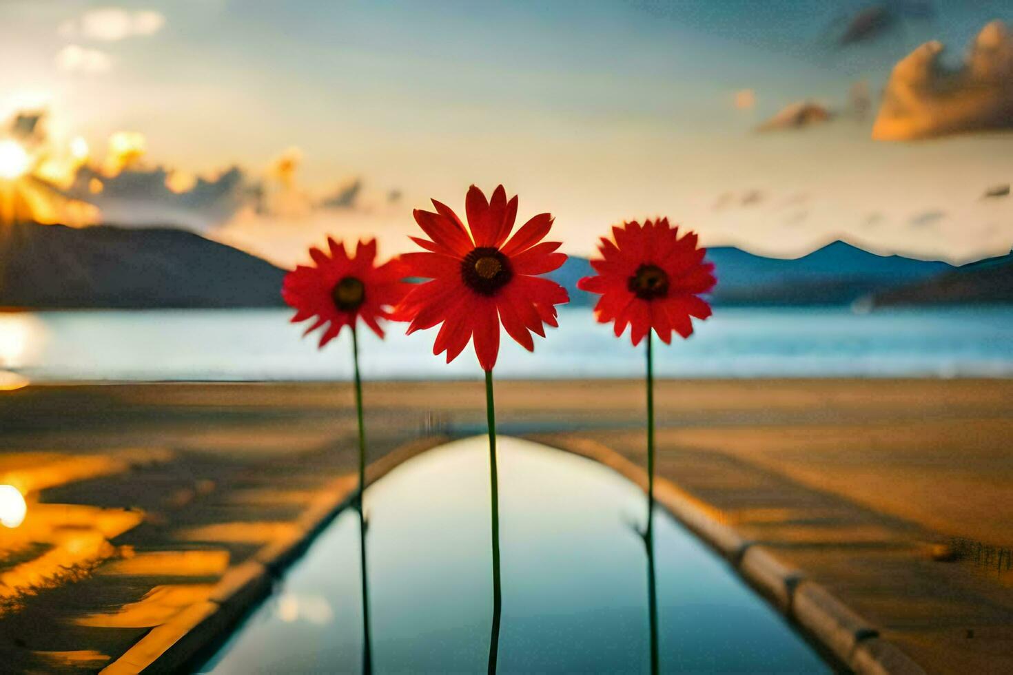 tre rosso fiori siamo riflessa nel un' pozzanghera su il spiaggia. ai-generato foto