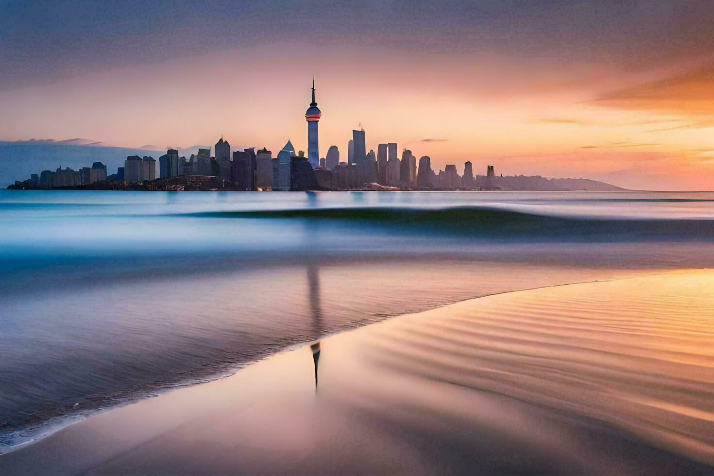 il città orizzonte è riflessa nel il acqua a tramonto. ai-generato foto