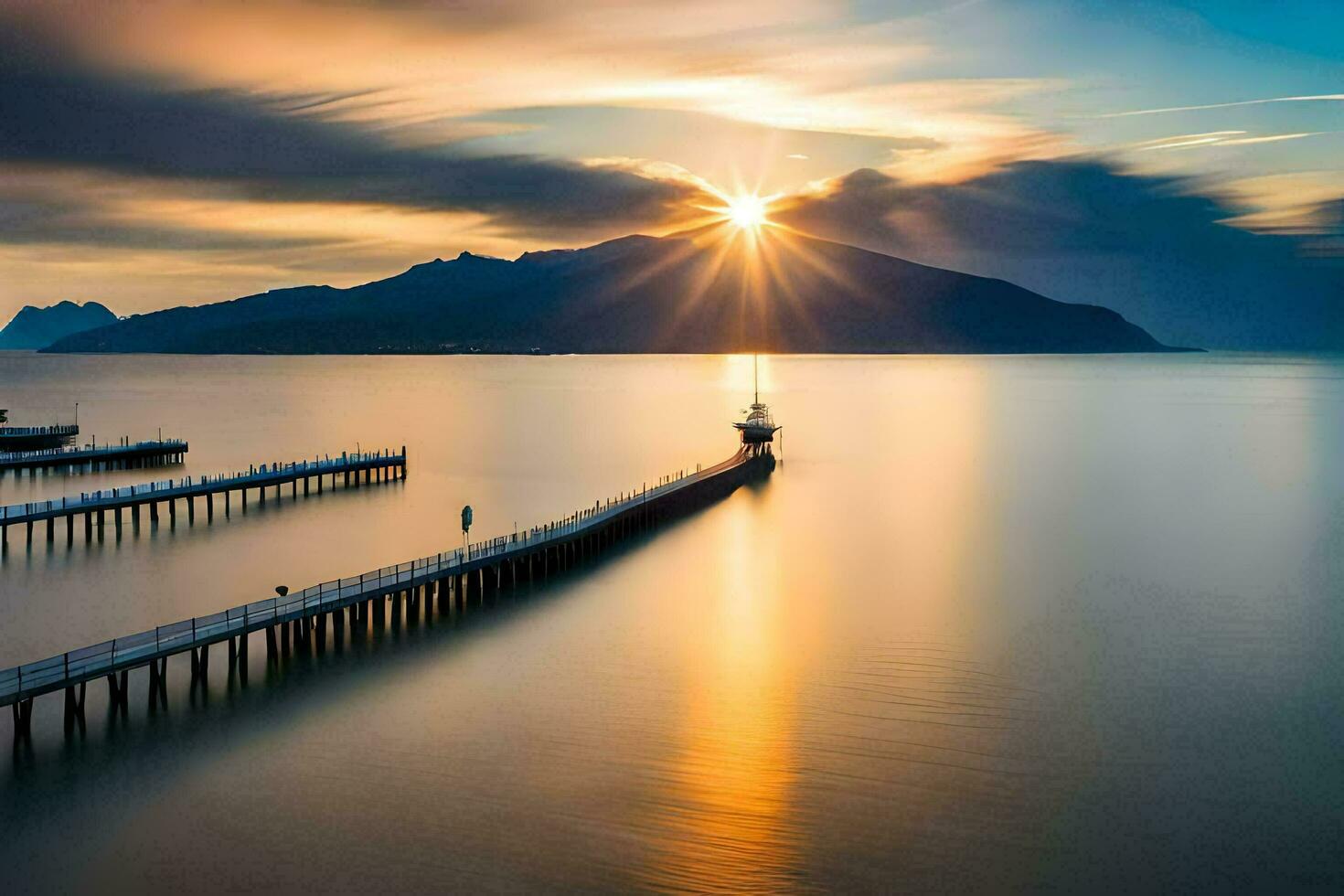 il sole sorge al di sopra di un' molo nel il oceano. ai-generato foto