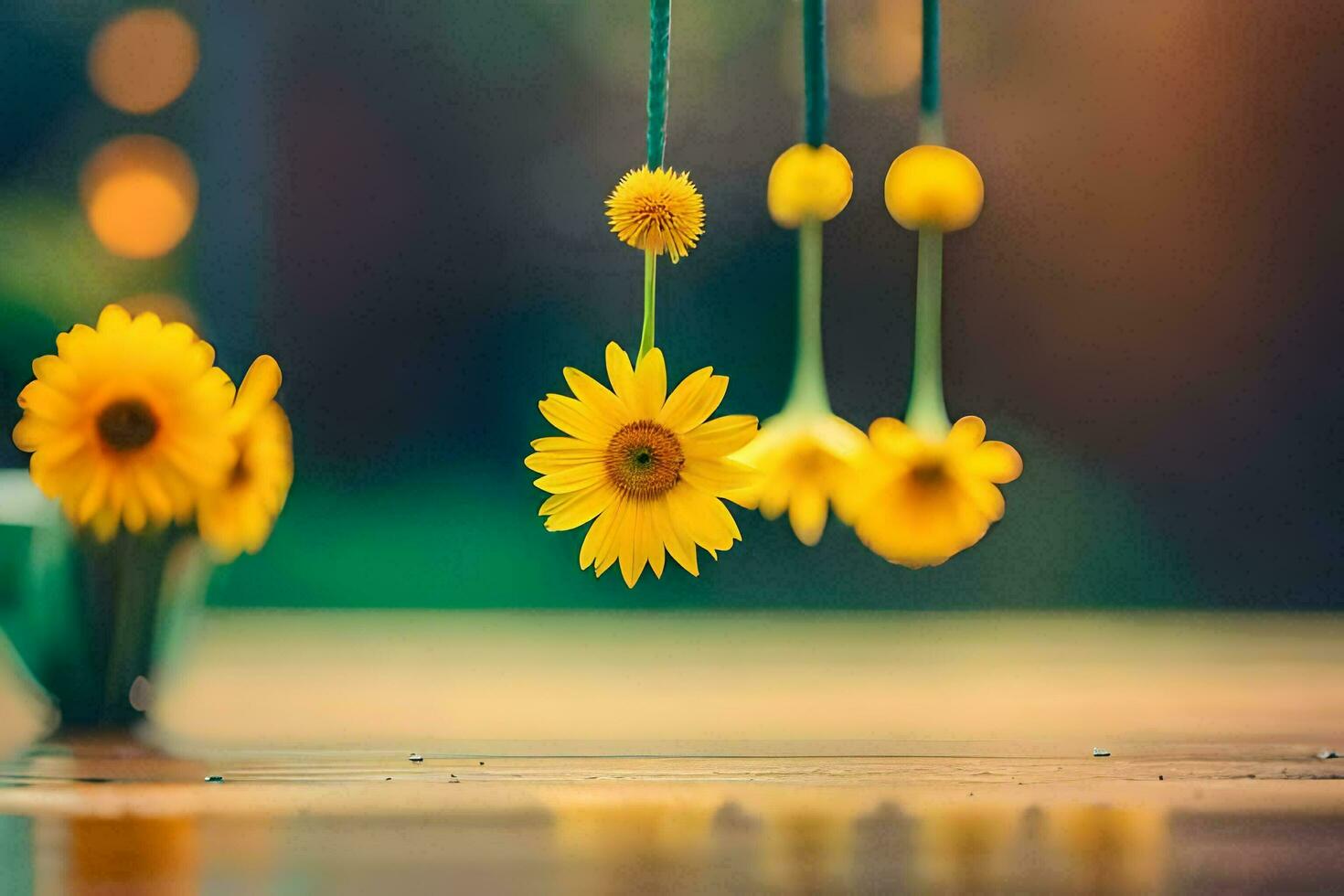 giallo fiori sospeso a partire dal un' corda su un' tavolo. ai-generato foto