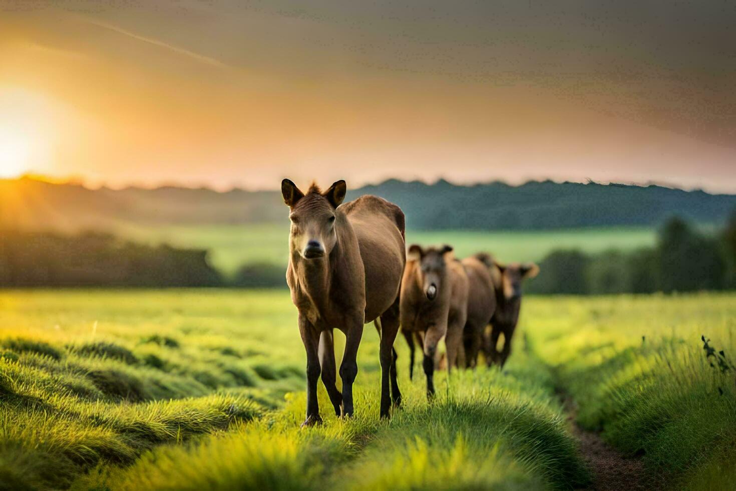 un' mandria di cavalli a piedi nel un' campo a tramonto. ai-generato foto
