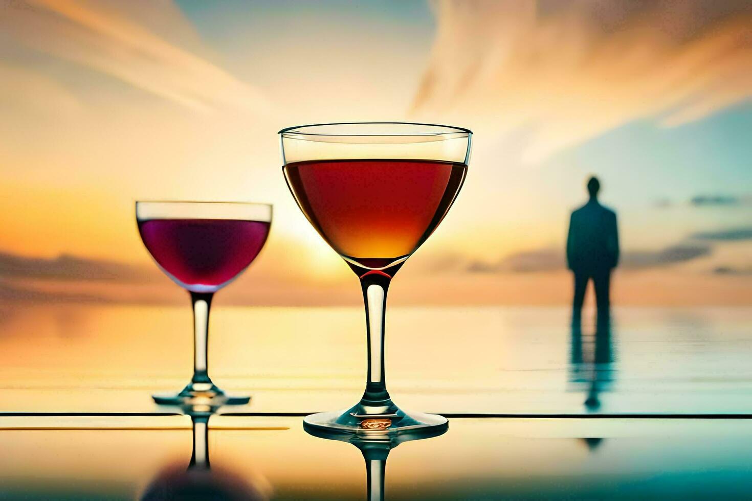 Due bicchieri di vino su un' tavolo con un' uomo nel il sfondo. ai-generato foto