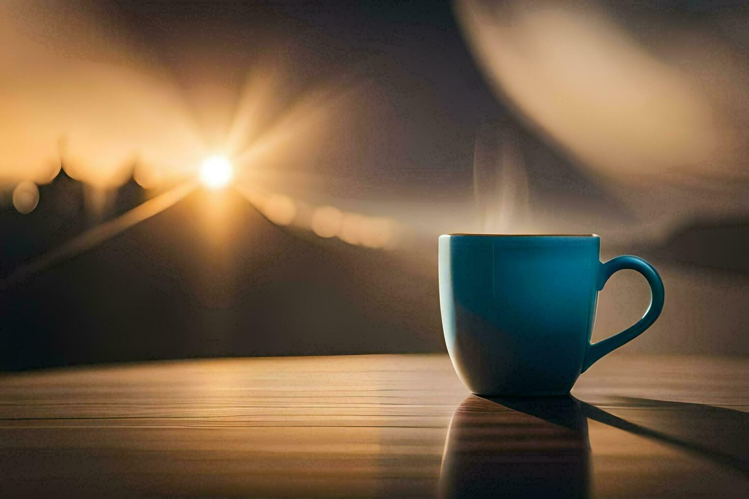 un' tazza di caffè su un' tavolo nel davanti di il sole. ai-generato foto