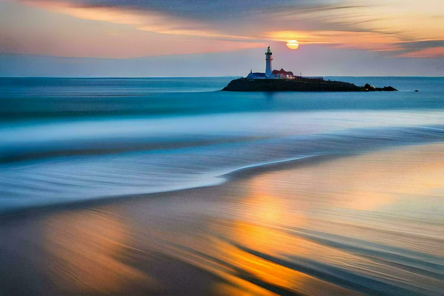 un' faro è visto nel il distanza a tramonto. ai-generato foto