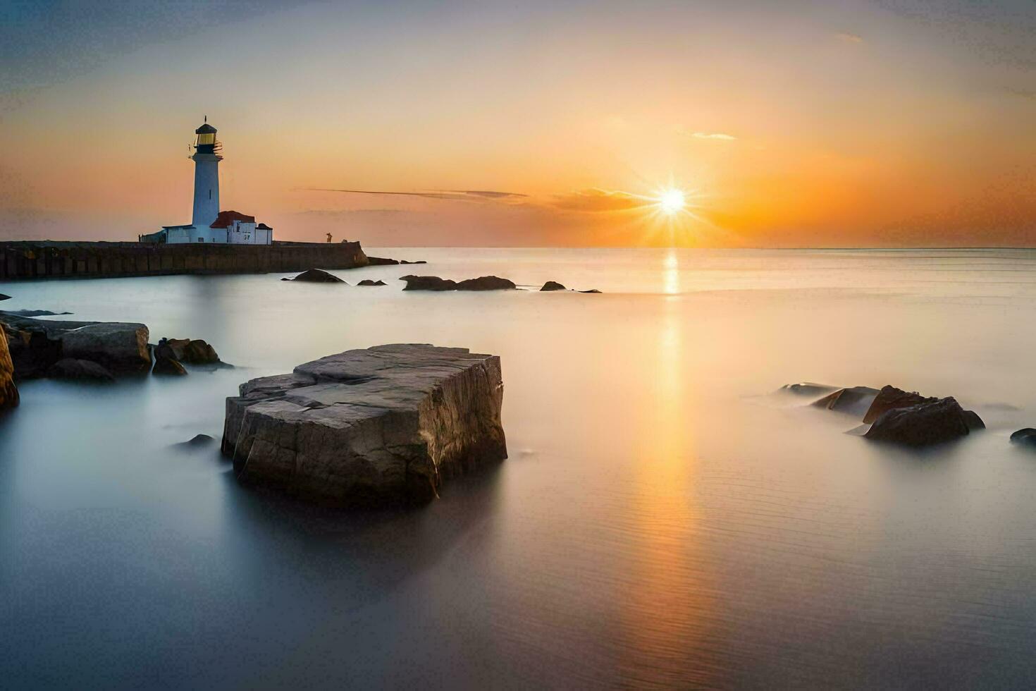 il sole sorge al di sopra di un' faro nel il oceano. ai-generato foto