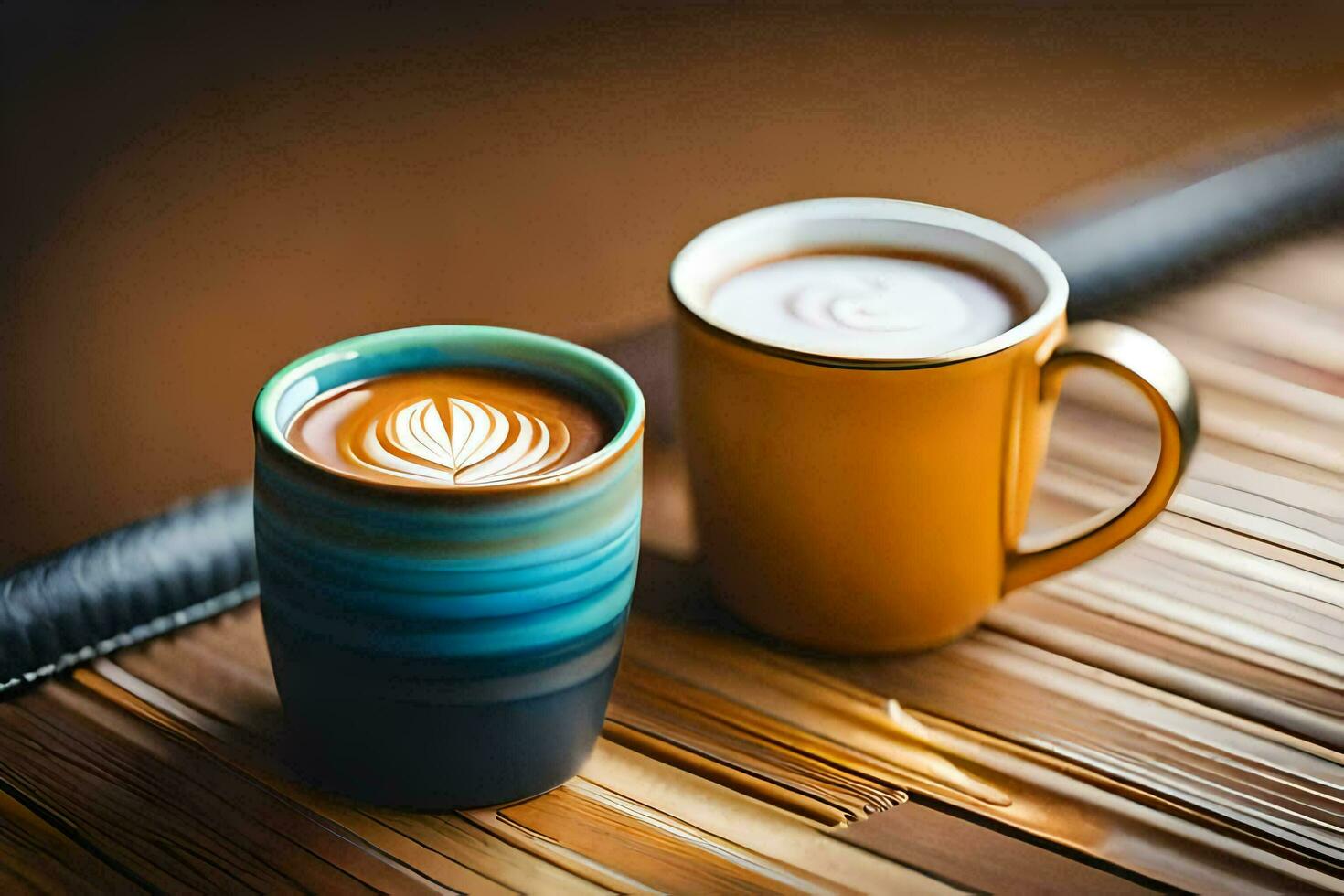 Due caffè tazze con latte macchiato arte su il tavolo. ai-generato foto