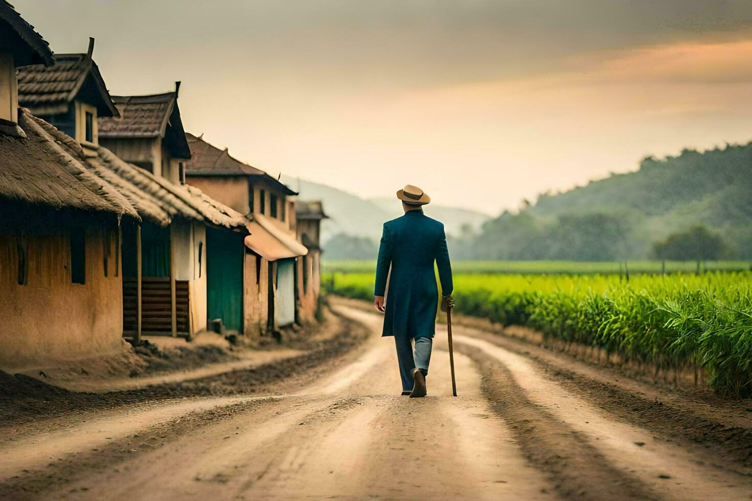 un' uomo a piedi giù un' sporco strada nel davanti di un' villaggio. ai-generato foto