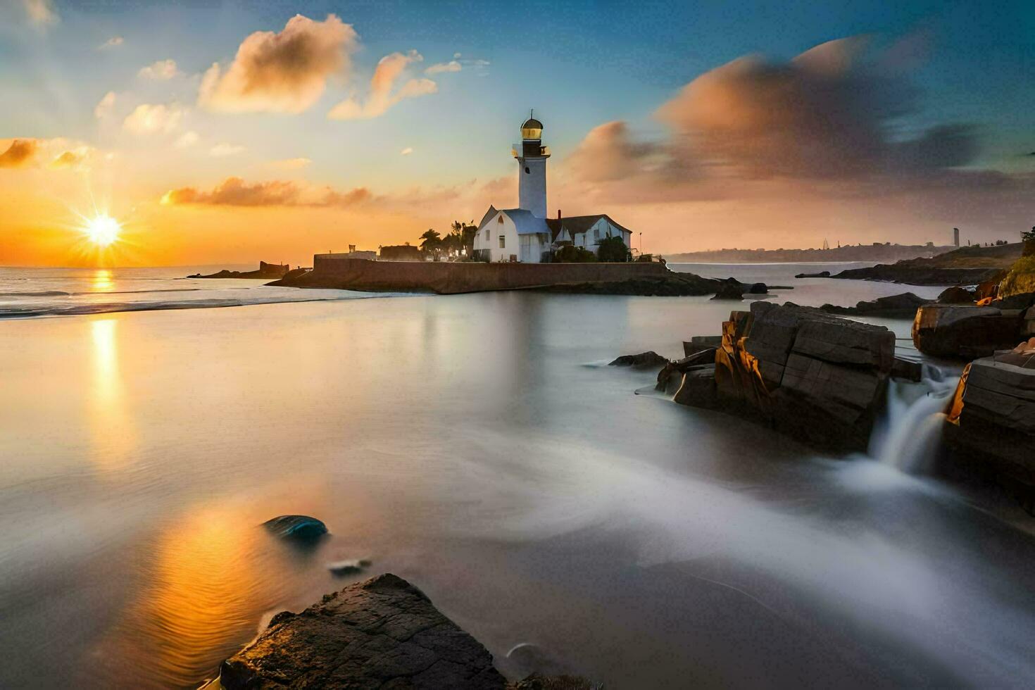 un' faro si siede su il riva di un' roccioso spiaggia a tramonto. ai-generato foto