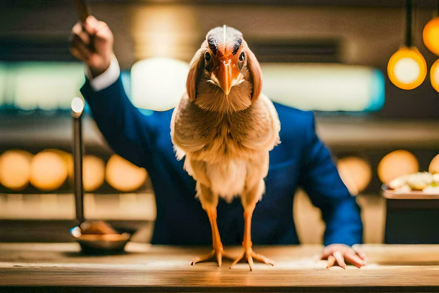 un' uomo nel un' completo da uomo sta dietro a un' pollo. ai-generato foto