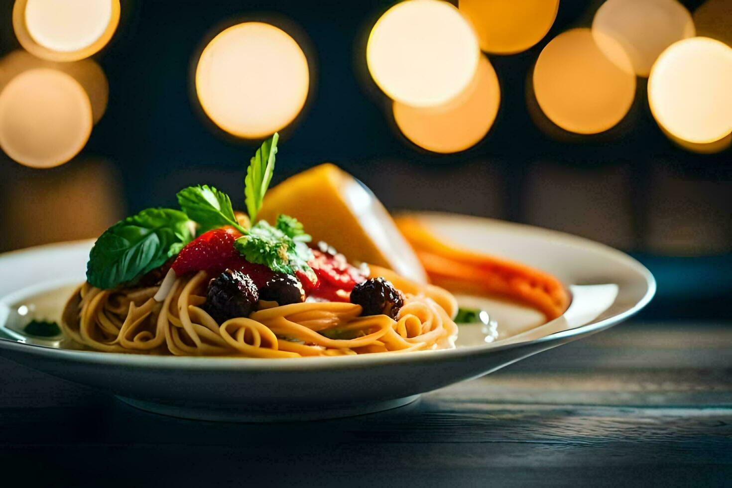 spaghetti con pomodoro salsa e verdure su un' piatto. ai-generato foto