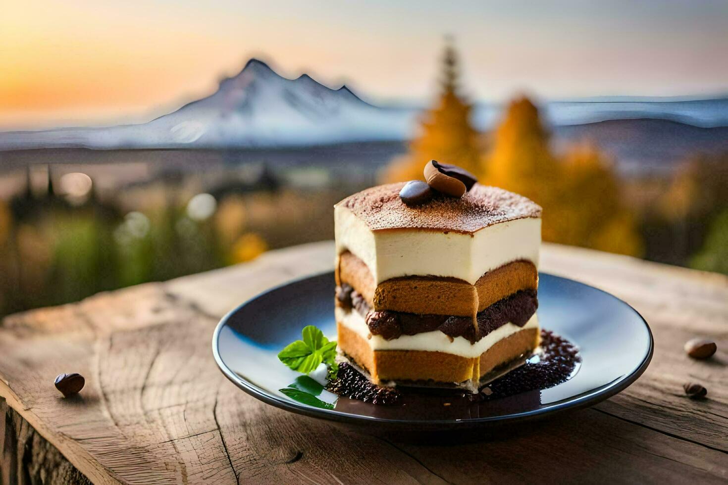 un' dolce su un' piatto con un' montagna nel il sfondo. ai-generato foto