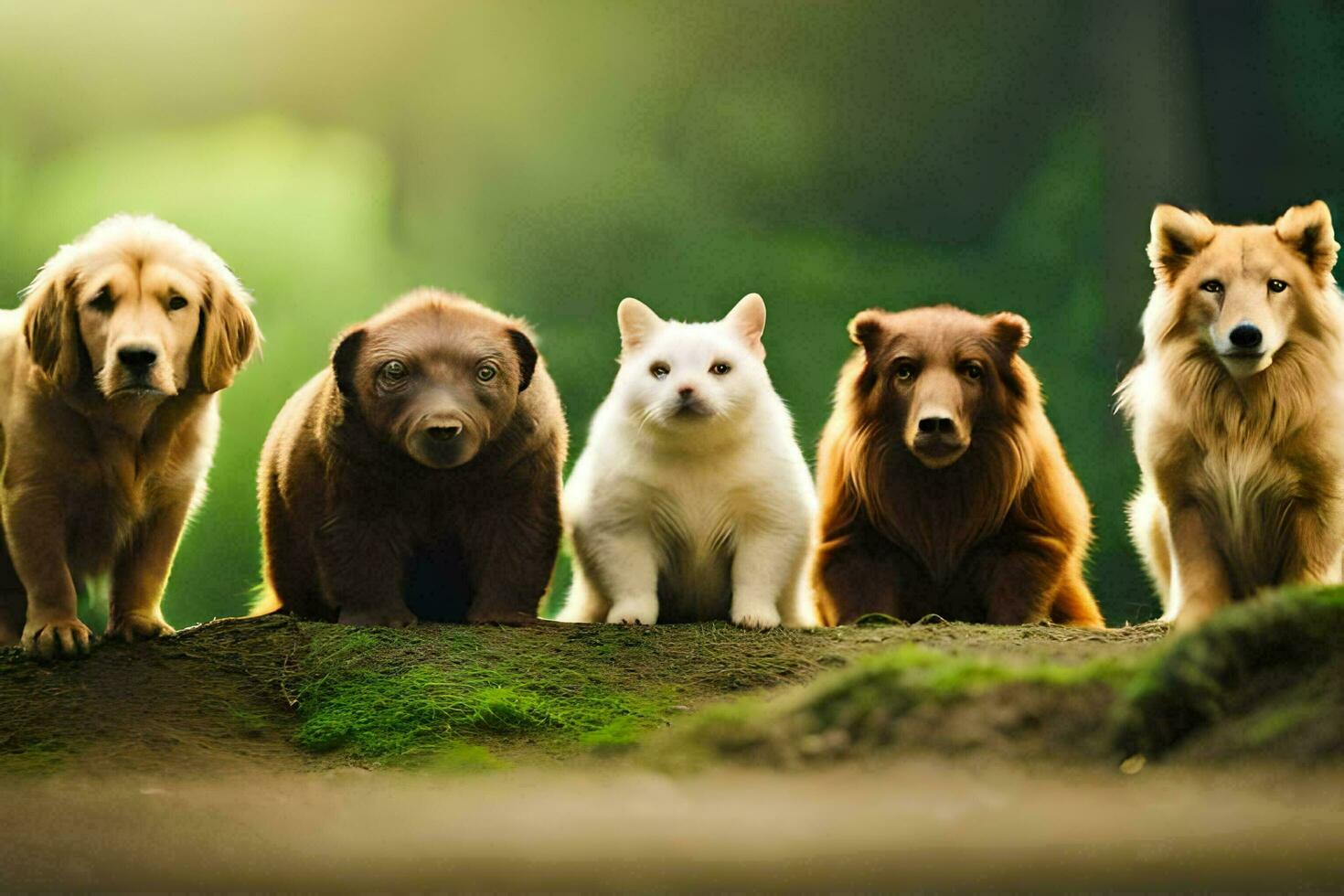 cinque cani e un' gatto in piedi insieme nel un' gruppo. ai-generato foto