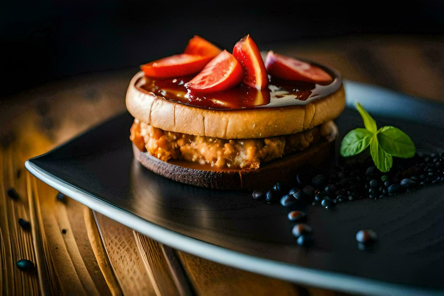 un' Hamburger con fragole e salsa su un' nero piatto. ai-generato foto