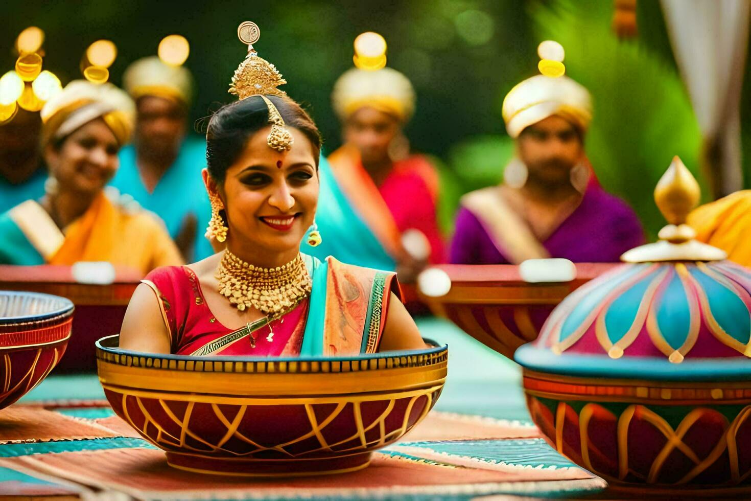 un' donna nel tradizionale indiano abbigliamento è sorridente mentre Tenere un' ciotola. ai-generato foto