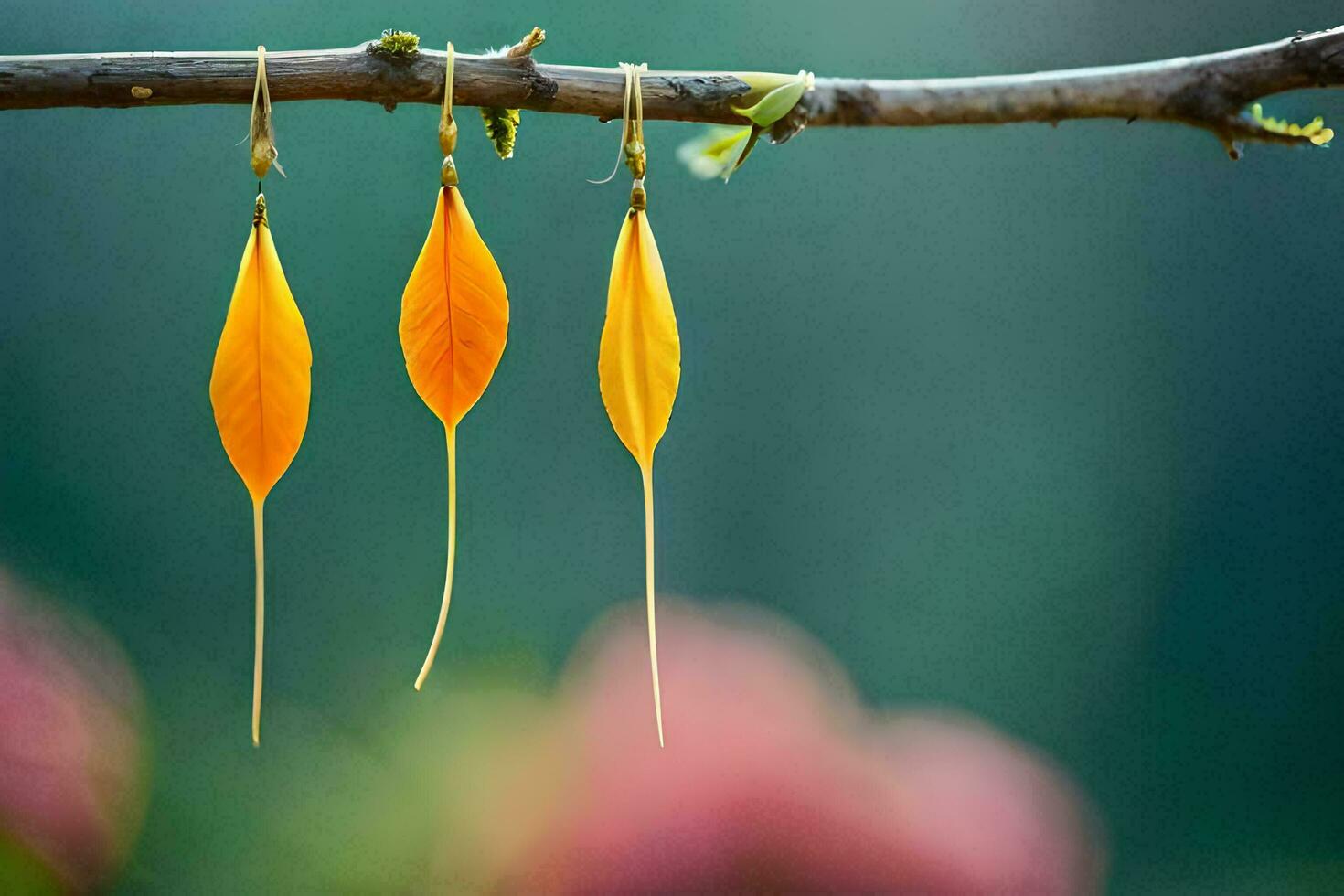 tre arancia le foglie sospeso a partire dal un' ramo. ai-generato foto