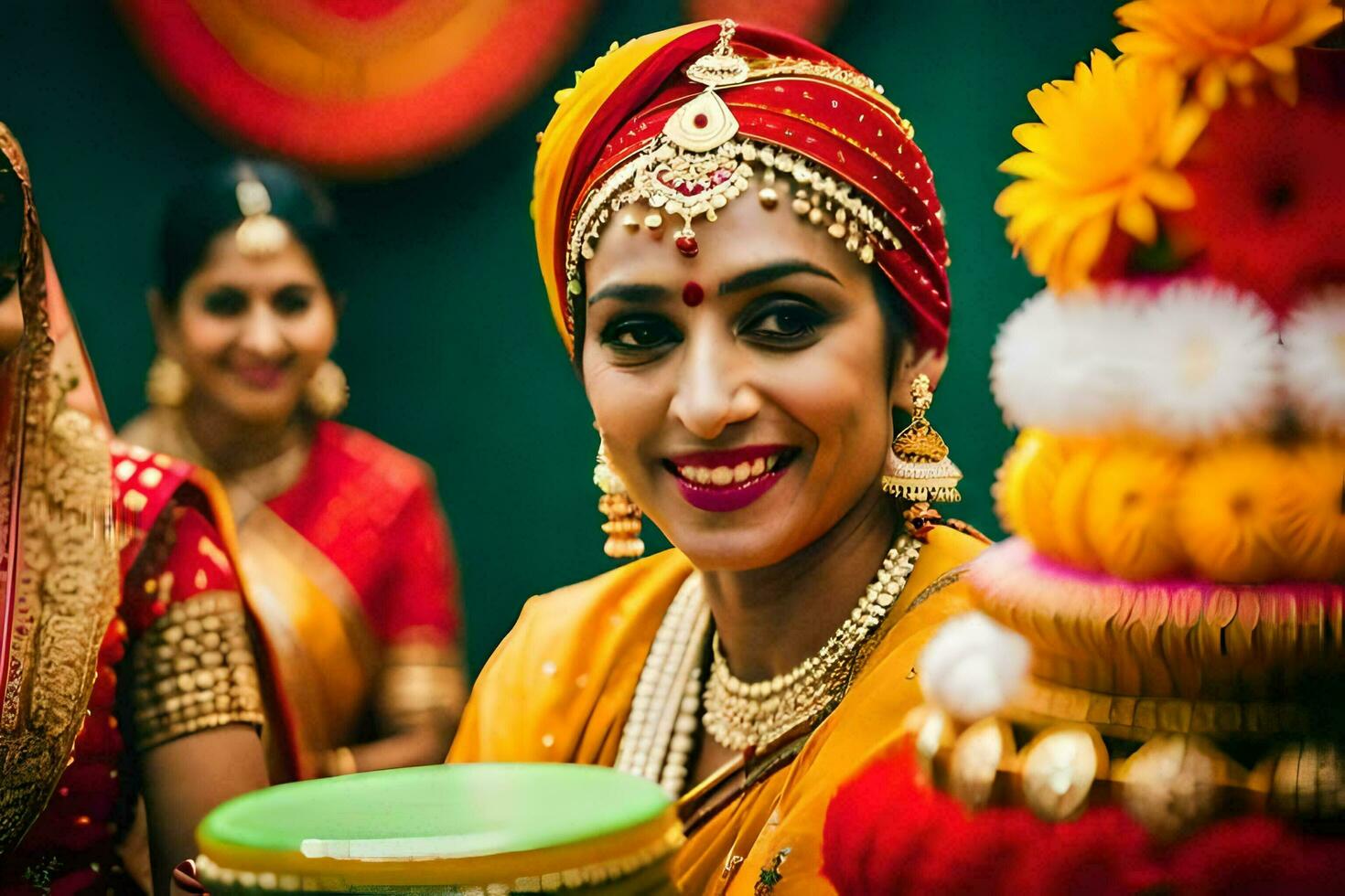 un' sposa nel tradizionale indiano abbigliamento sorrisi per il telecamera. ai-generato foto