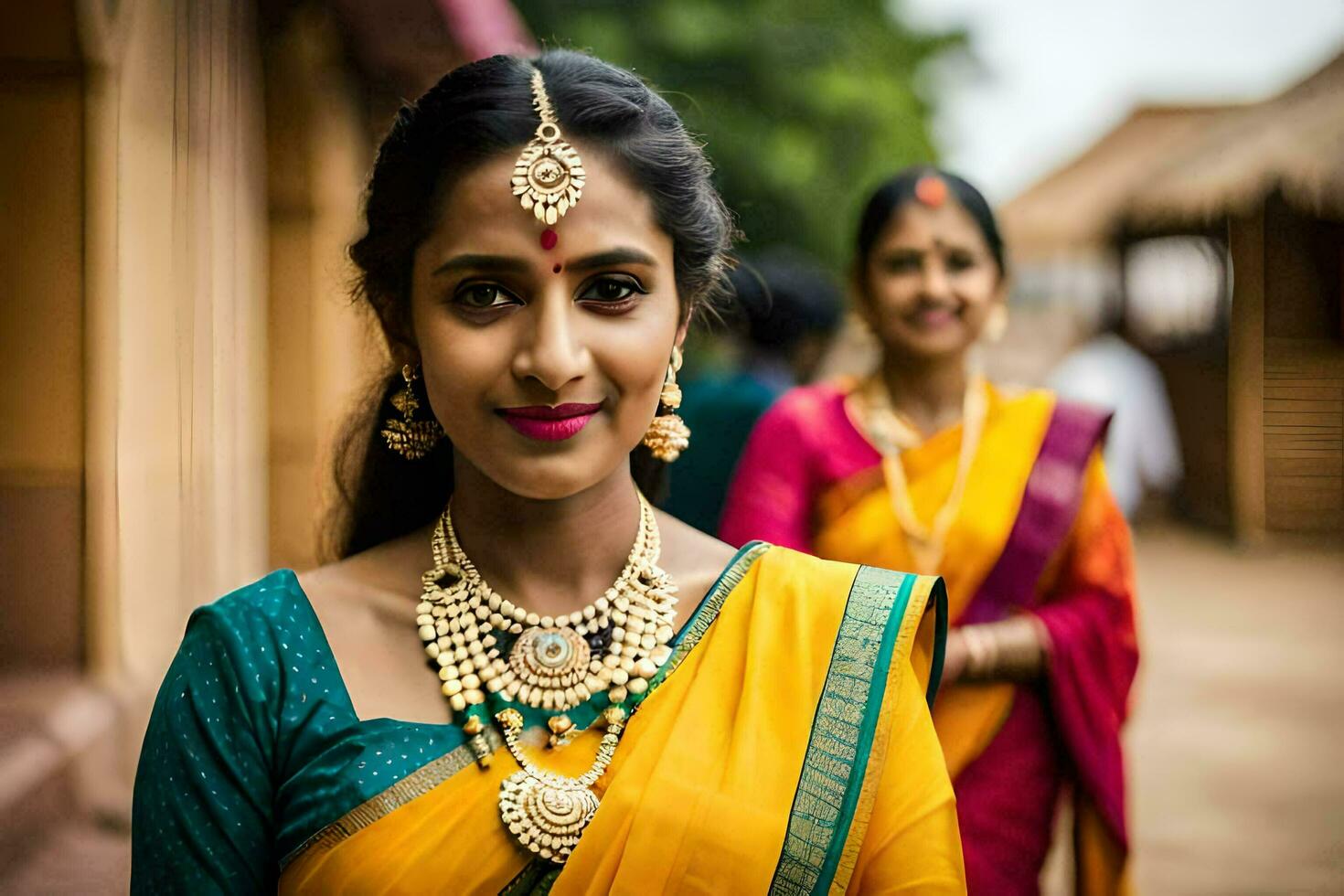 un' donna nel un' sari con gioielleria e gioielleria. ai-generato foto