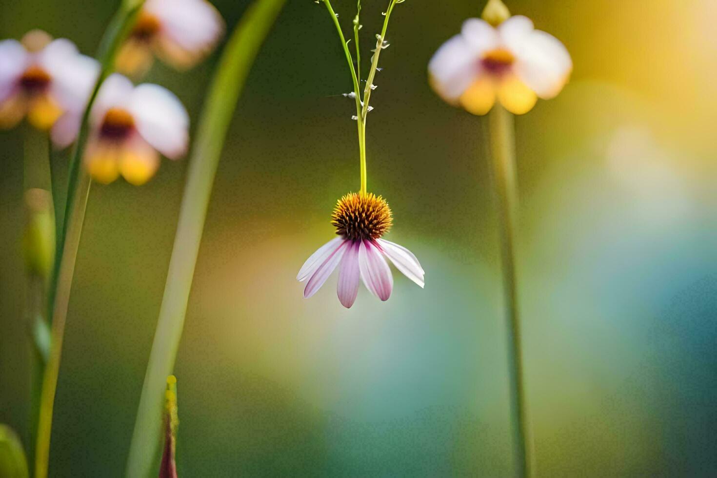 un' fiore è sospeso a partire dal un' stelo nel il erba. ai-generato foto