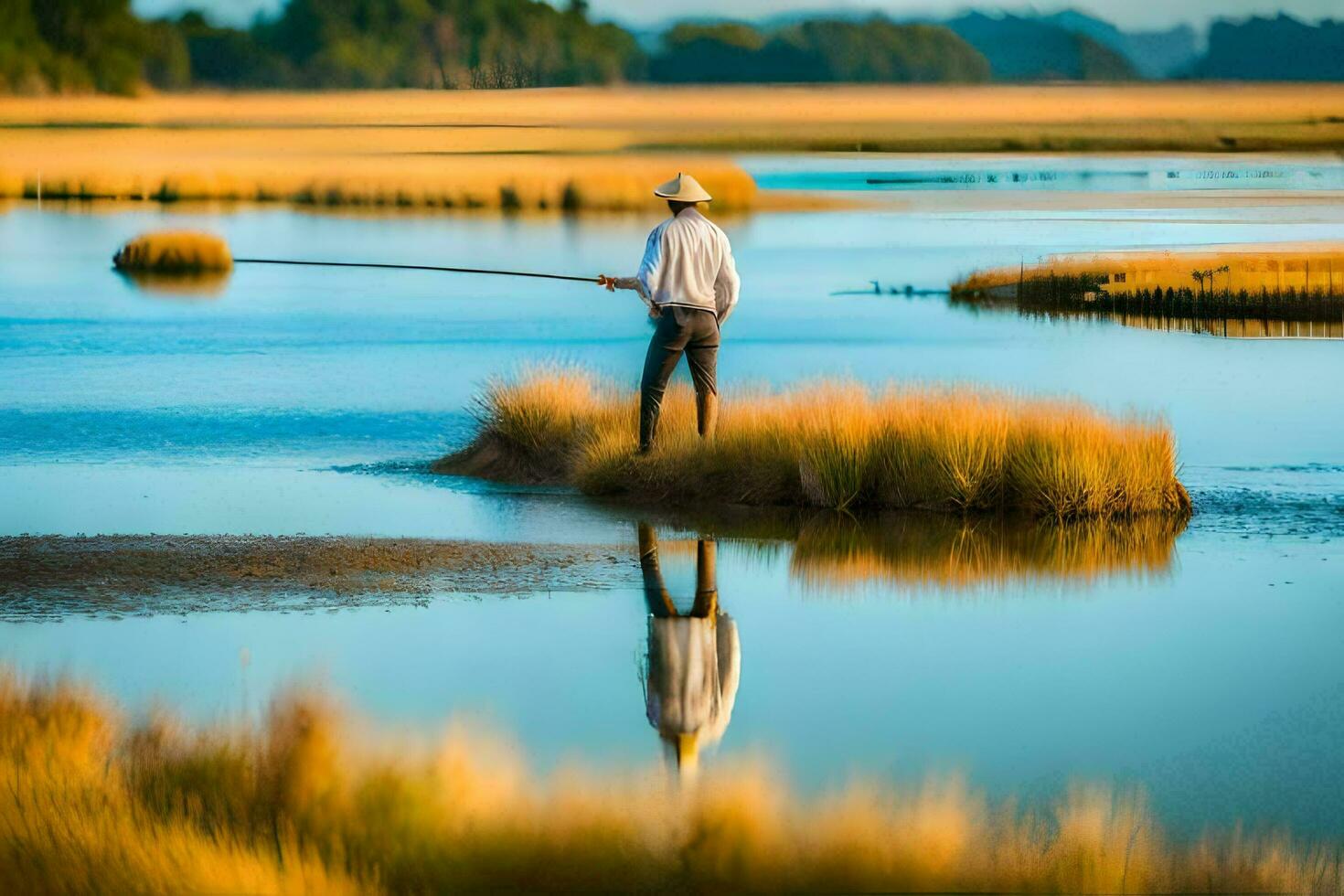 un' uomo pesca nel il palude. ai-generato foto