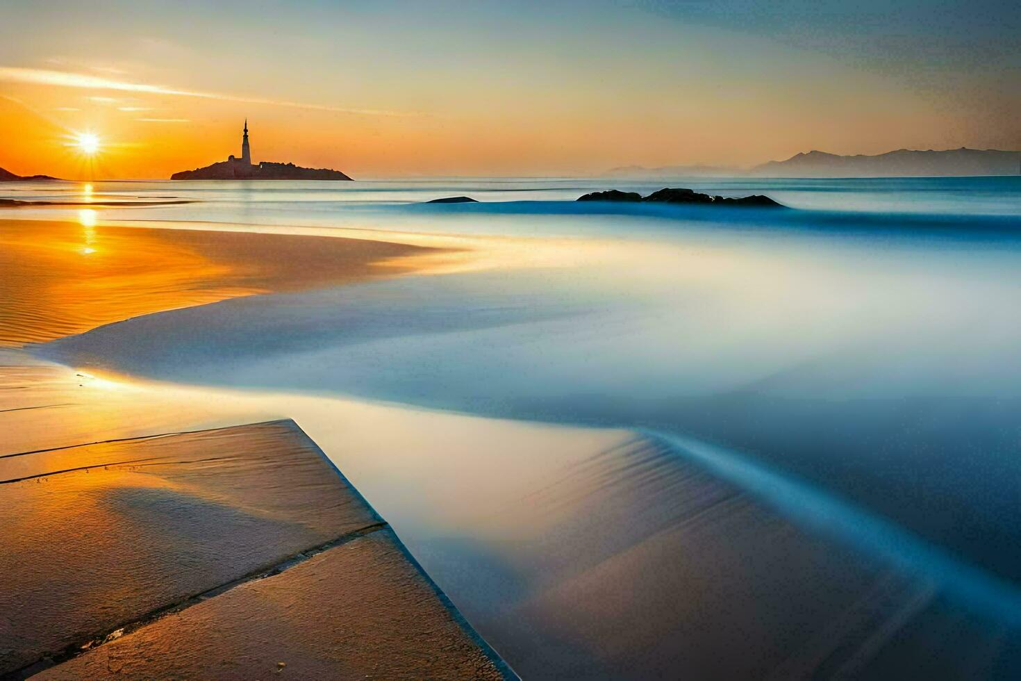 il sole imposta al di sopra di il oceano e un' faro. ai-generato foto