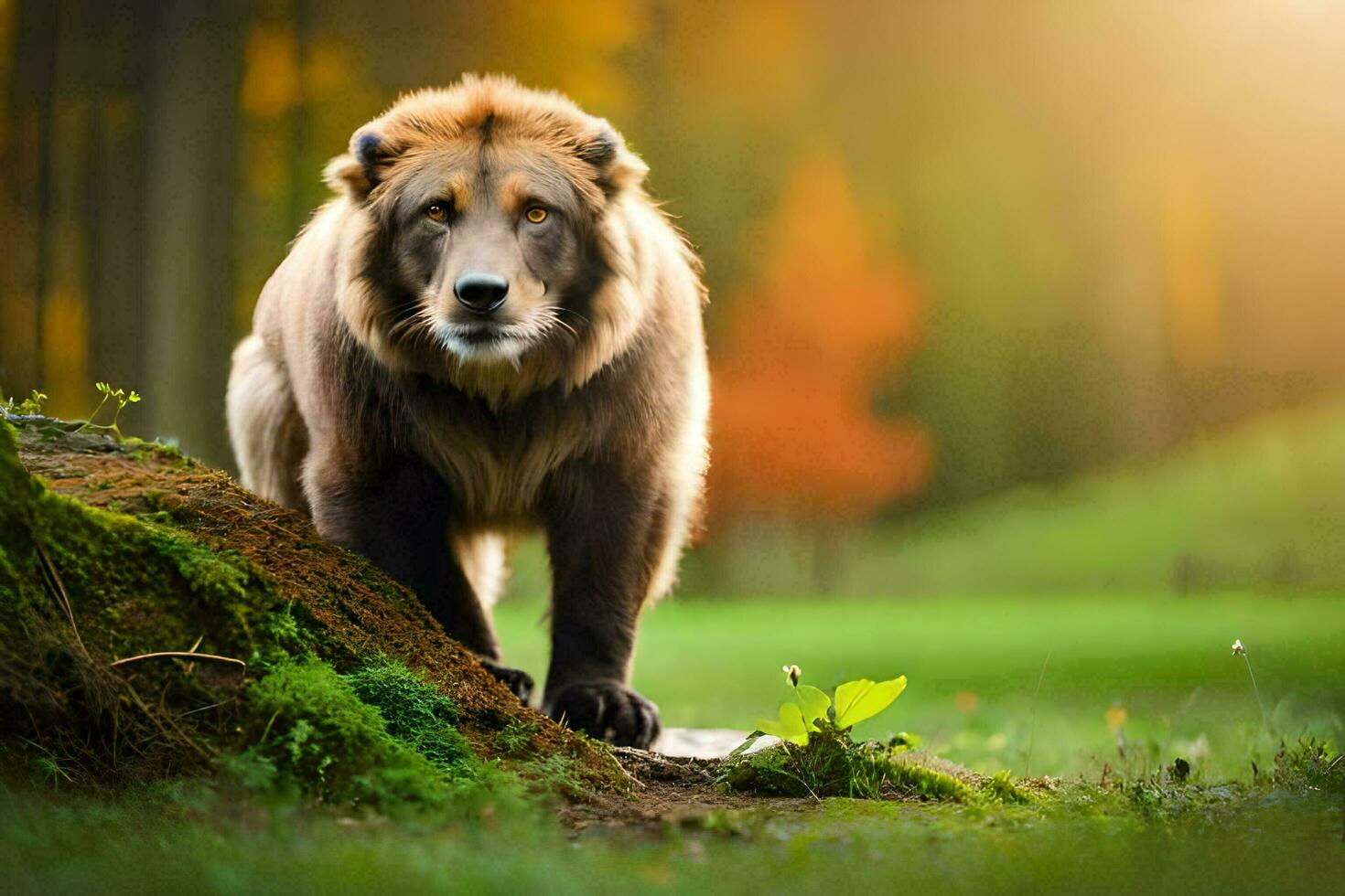 un' Marrone orso è in piedi su un' roccia nel il foresta. ai-generato foto