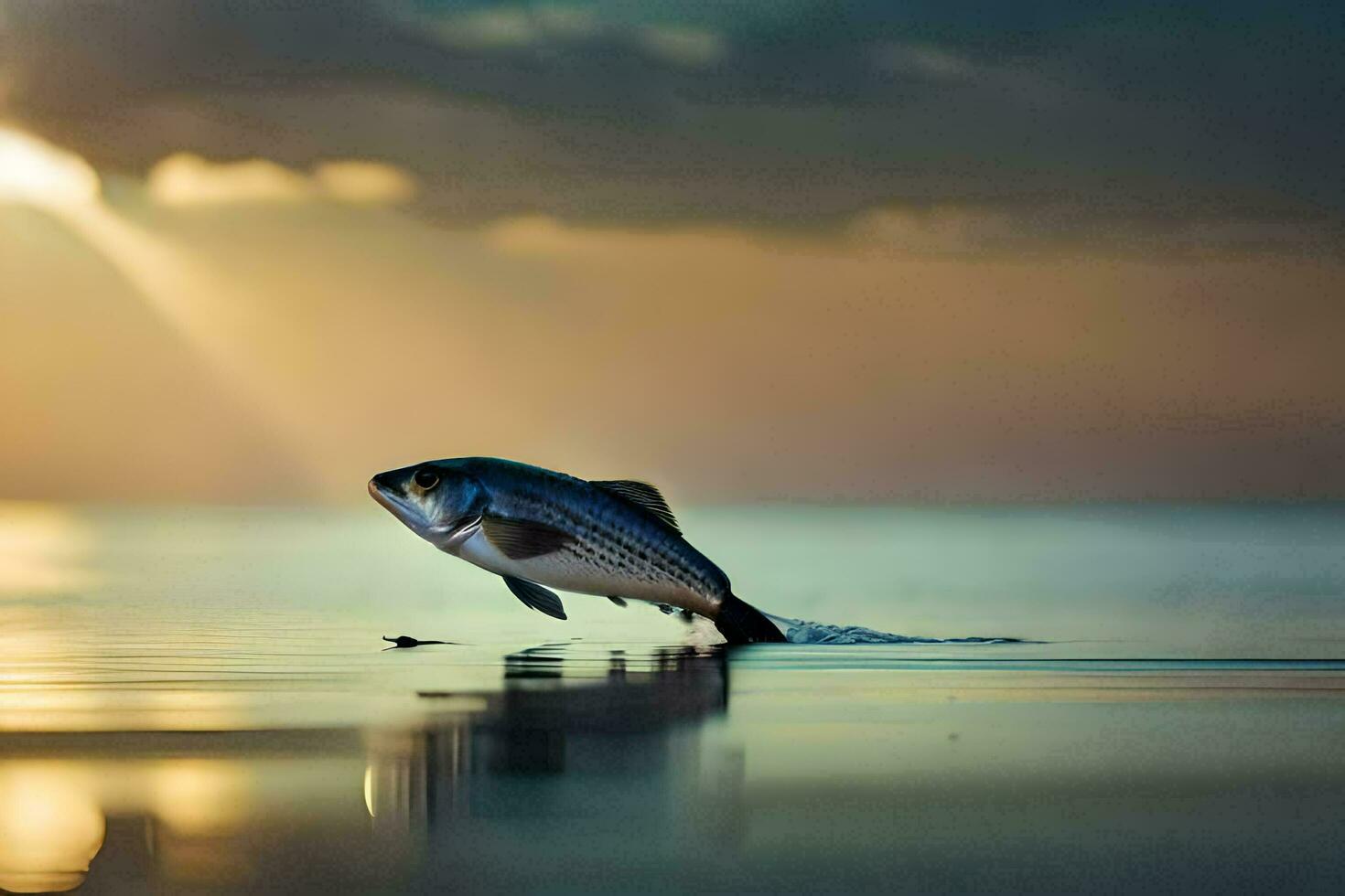 un' pesce salto su di il acqua a tramonto. ai-generato foto