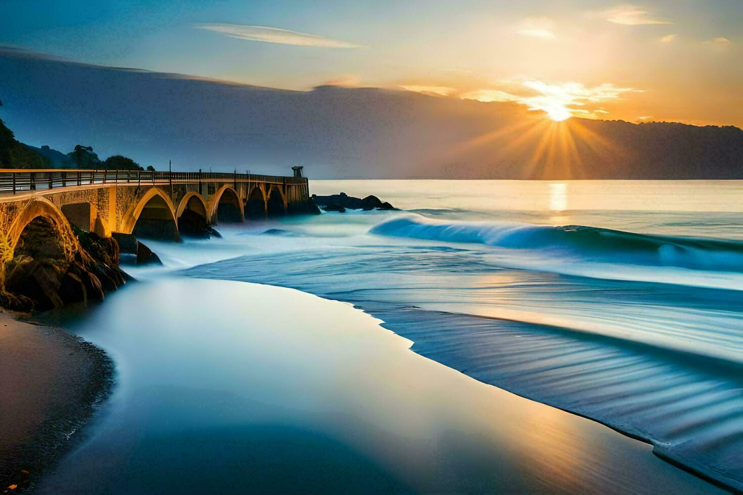 il sole imposta al di sopra di un' ponte e onde Crashing in il costa. ai-generato foto