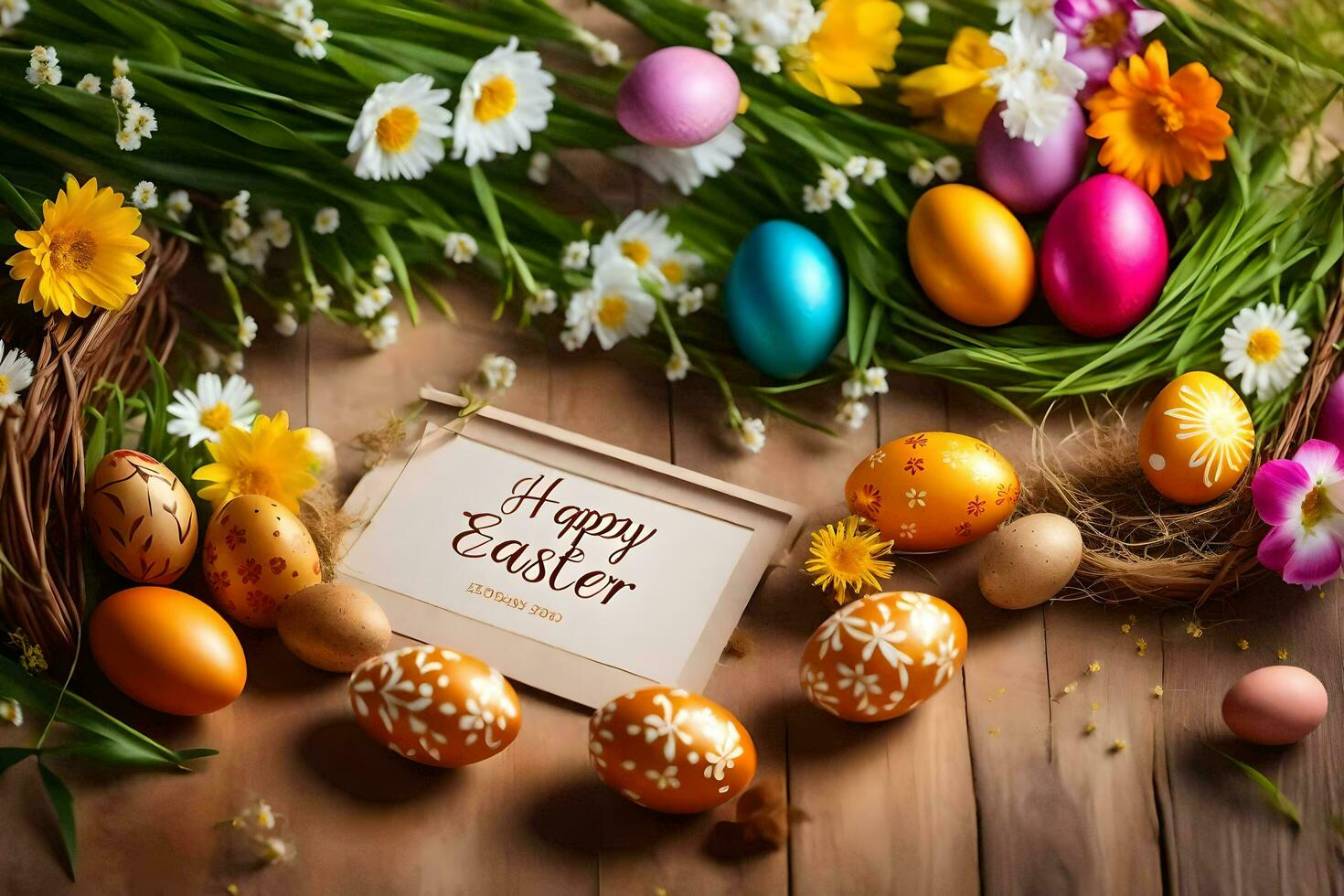 Pasqua uova e fiori su un' di legno tavolo. ai-generato foto