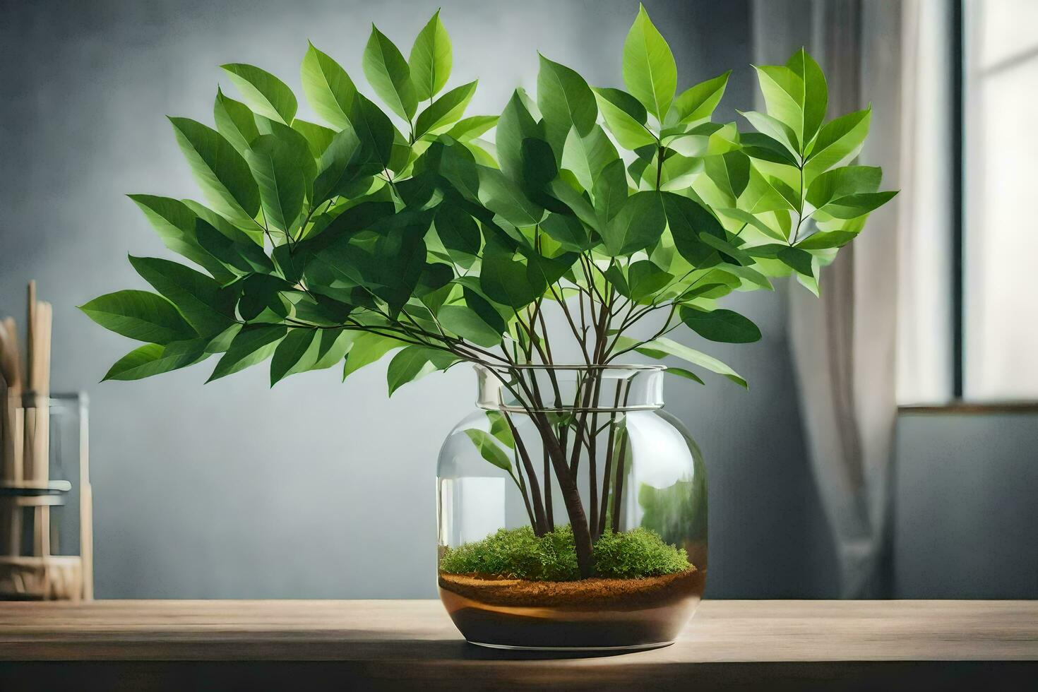 un' pianta nel un' bicchiere vaso su un' tavolo. ai-generato foto
