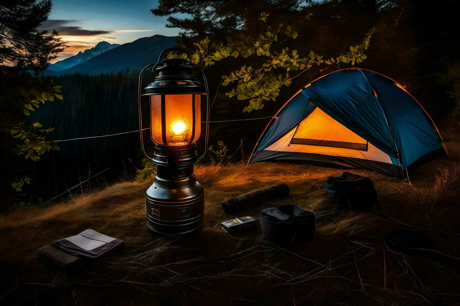 un' tenda e lanterna siamo illuminato su nel il scuro. ai-generato foto