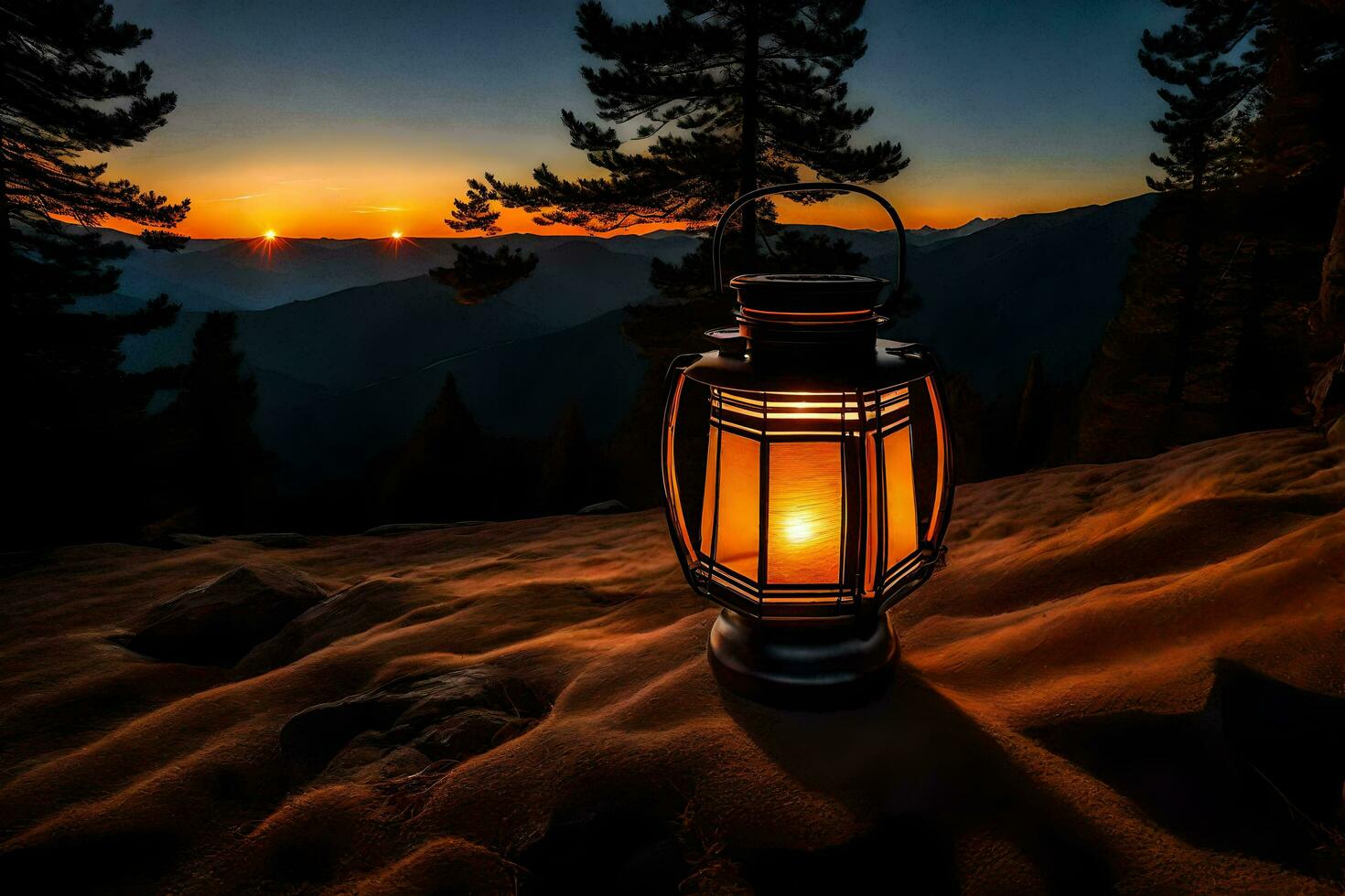 un' lanterna è illuminato su su un' montagna a tramonto. ai-generato foto