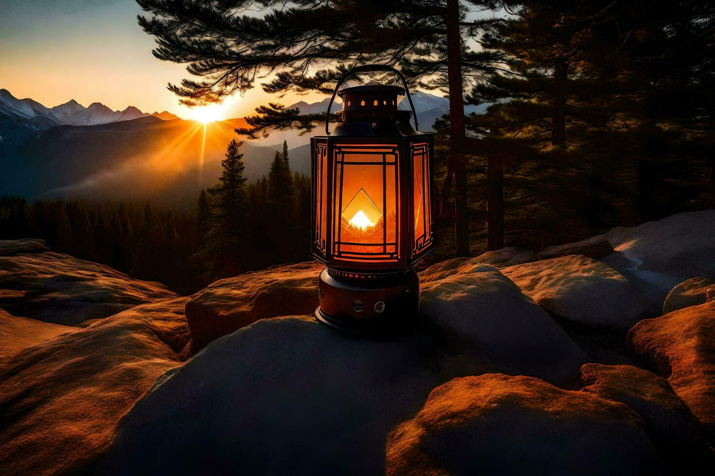 un' lanterna è illuminato su un' montagna a tramonto. ai-generato foto