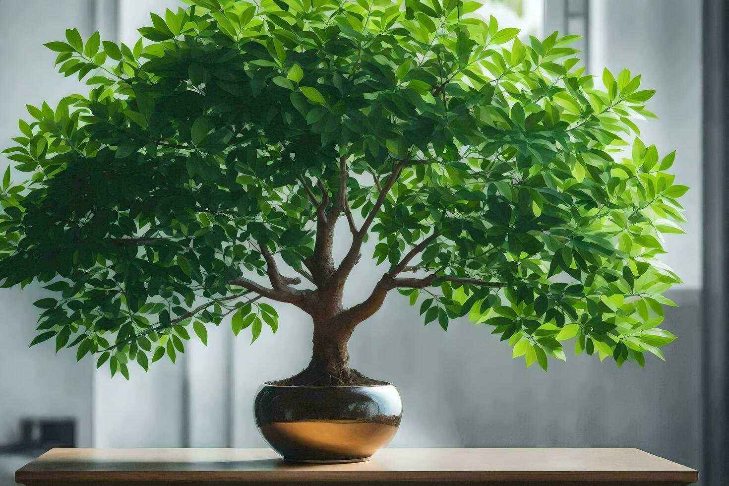 un' Bonsai albero nel un' pentola su un' tavolo. ai-generato foto