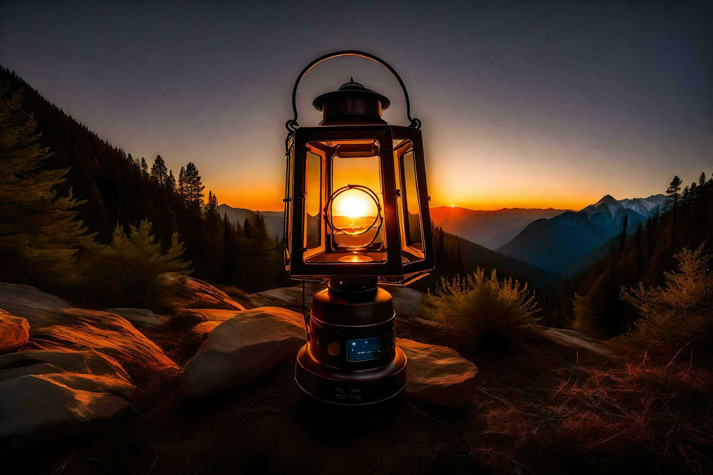 un' lanterna illuminato su nel il montagne a tramonto. ai-generato foto