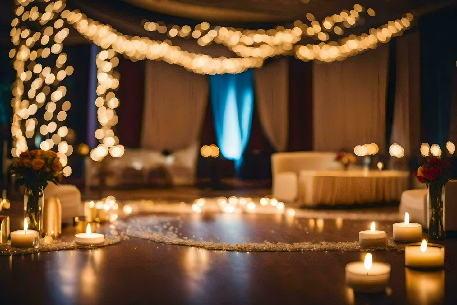 un' nozze ricezione con candele e luci. ai-generato foto