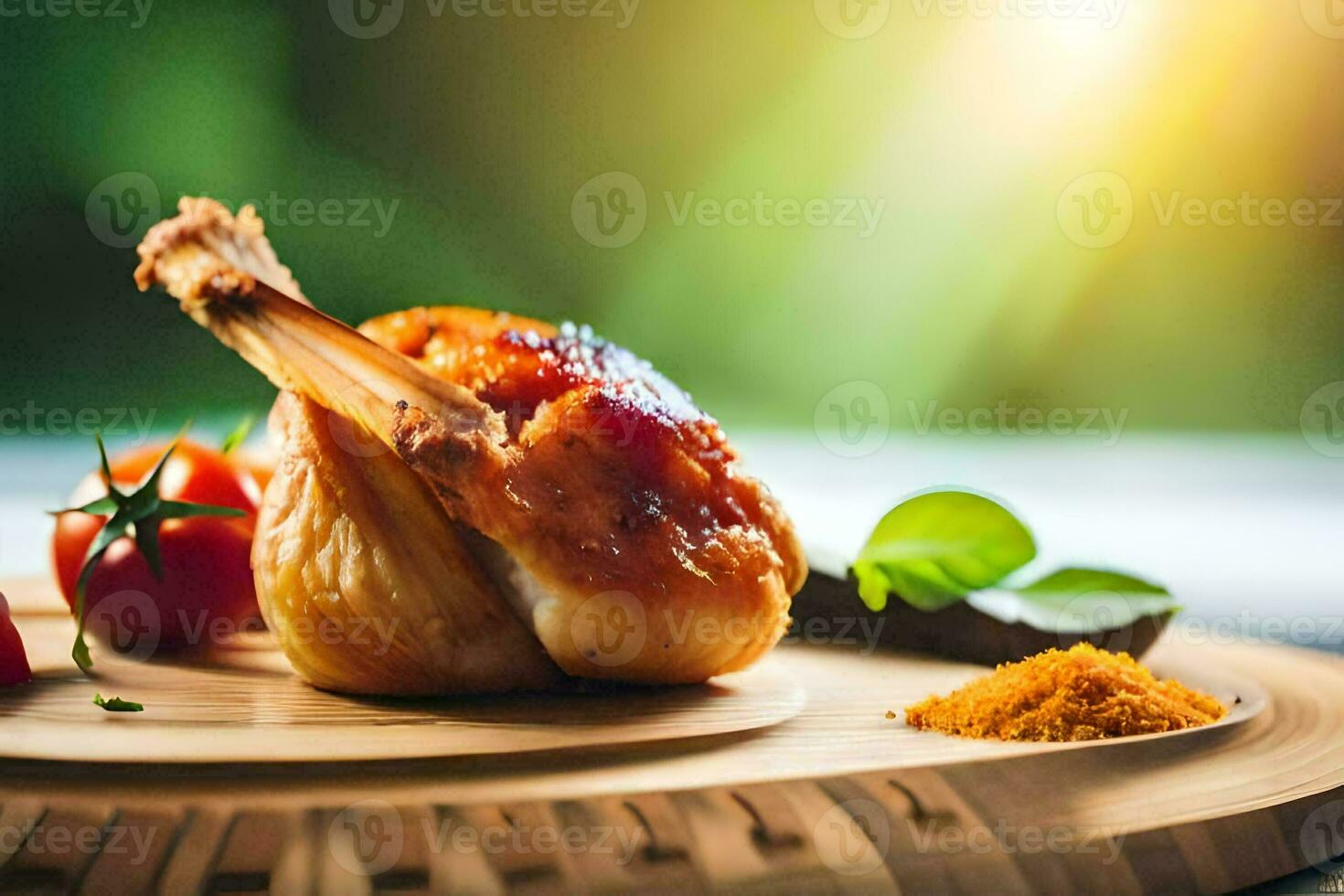 grigliato pollo su un' di legno taglio tavola con pomodori e spezie. ai-generato foto