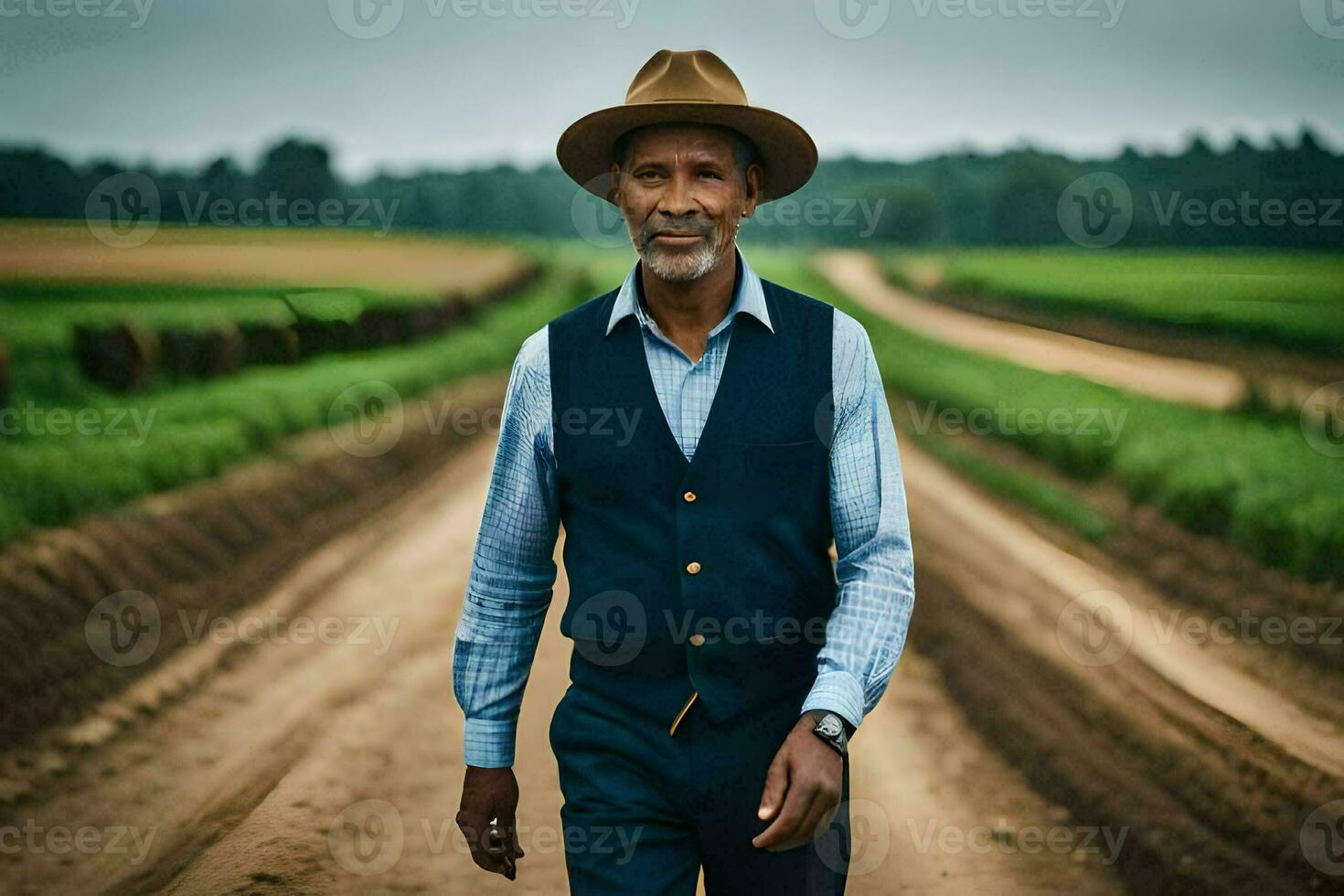 un più vecchio uomo indossare un' cappello e veste a piedi giù un' sporco strada. ai-generato foto