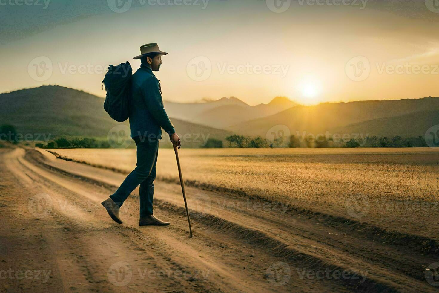 un' uomo con un' cappello e canna a piedi su un' sporco strada. ai-generato foto